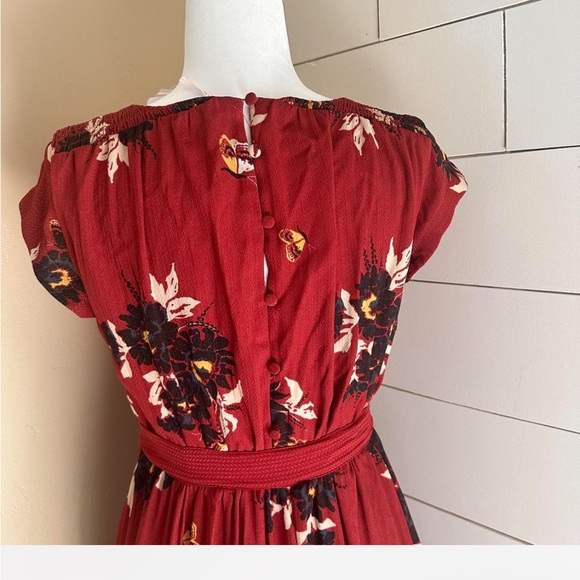 Free People All I Got Maxi Dress Prairie Floral Red waist tie size 4 Cap Sleeves - Picture 3 of 6